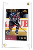 Front view of Peter Forsberg Upper Deck Ice card in acrylic holder, showing serial number 093/500