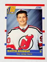 Front view of Martin Brodeur rookie card showing image, draft choice badge, player name and team