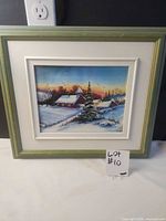 Framed farmhouse winter scene, full view