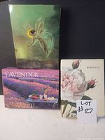 Front view of three greeting-card items: Lavender box, Redouté box, fairy card