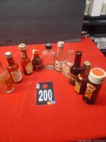 Group of ten miniature liquor bottles arranged on red surface