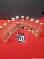 Group of twelve vintage mini liquor bottles on red surface with lot tag