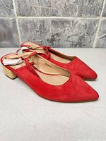 Full view of both red suede slingback flats showing pointed toes and low block heels