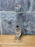 Full view of vase showing overall shape, Fenton sticker and pressed pattern