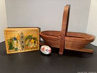 All three items together: basket open, painted box, hand-painted egg