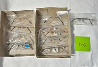 Overall view of two trays of bagged eyeglass frames plus one loose pair