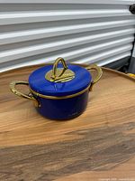 Pan with lid on, showing blue body and gold handles