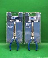 Front view of two packaged Rogue mini long needle nose pliers