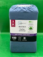 Front of packaged Mainstays double bed skirt showing brand, size, 180 TC