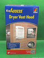 Front of boxed Dundas Jafine EzAccess 4" Dryer Vent Hood