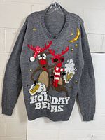 Front view of grey XXL Holiday Beers sweater hanging