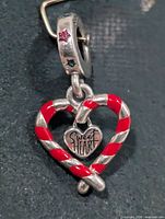 Front view of sterling silver candy cane heart pendant charm showing enamel detail and Sweet Heart tag