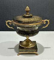 Front view showing urn, lid with pinecone finial, gilt handles, plinth and feet