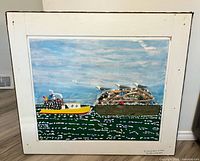 Full front view of mixed media artwork showing entire scene and white border frame