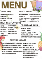 Menu showing drink categories, sizes and toppings available at Lakeside Boba