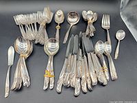Full view of assorted silverplate flatware pieces sorted on surface