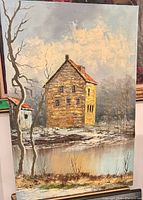 Full view of vertical winter farmhouse landscape painting