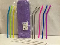 Complete set showing silicone straws, stainless straws, brushes, purple pouch