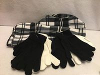 Entire set laid out: plaid scarf, hat, black and white mittens pairs