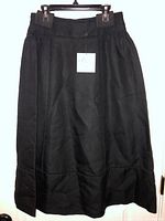 Full view of black Kate Spade skirt hanging, front side visible