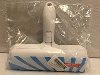 Front view of sealed Rabbitgoo pet hair removal roller showing handle and blue striped sleeve