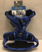 Front view of new blue Rogz Explore dog harness in retail packaging