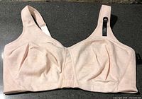 Full view of peach VoGlo wireless bra showing cups, straps, tag indicating 40H