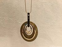 Full view of necklace on 30-inch chain showing concentric ring pendant and bail