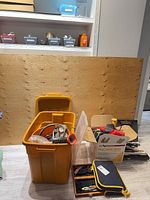 Overall lot with yellow tote of mixed tools, Wagner box, zippered cases