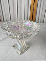 Full view of compote showing iridescent finish, patterned bowl and ribbed pedestal