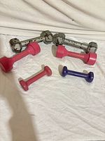 Group shot of all six dumbbells showing colors and styles