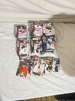 Stacks of loose Upper Deck hockey cards on table