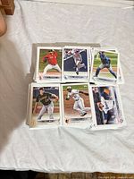 Close view of sample cards on top of stack highlighting 2021 Topps design and player mix