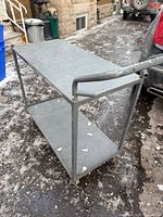 Full view of metal cart showing two shelves, handle, casters