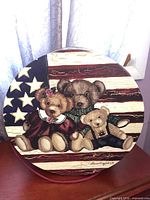 Top view showing teddy bear illustration and American flag background