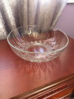 Oblique view of clear glass bowl on table