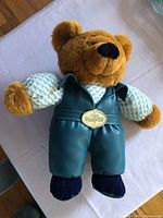 Front view of plush bear in teal outfit
