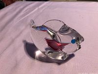 Left side view showing clear glass body, red internal fin, single blue eye