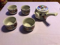 Full set showing teapot and four cups on table