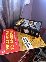 Top view of two price guide publications on wooden surface