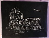 Front view of black canvas showing white line drawing of Colosseum and "Rome" text