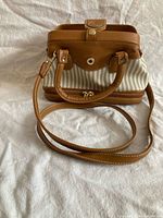 Full view of purse front showing striped fabric, brown trim, shoulder strap