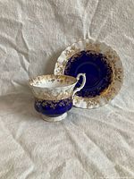 Cup and saucer front view showing pattern and color