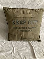 Front view displaying full text and handle strap of olive drab throw pillow