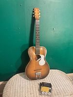 Full view of guitar with cleaning kit at base