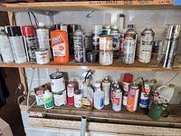 Full view of two shelves with assorted automotive aerosols, paints and cleaners