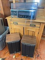 Stereo system with dust cover closed and two matching speakers