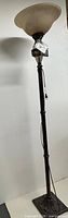 Full view of bronze torchiere floor lamp with shade and base visible
