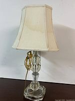 Full view of glass table lamp with shade