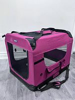 Angled view of magenta soft dog crate showing mesh sides, top opening, handles, shoulder strap and overall condition